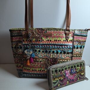 Sakroots Colorful Patterned Elephant Tote Bag with Matching Wallet
